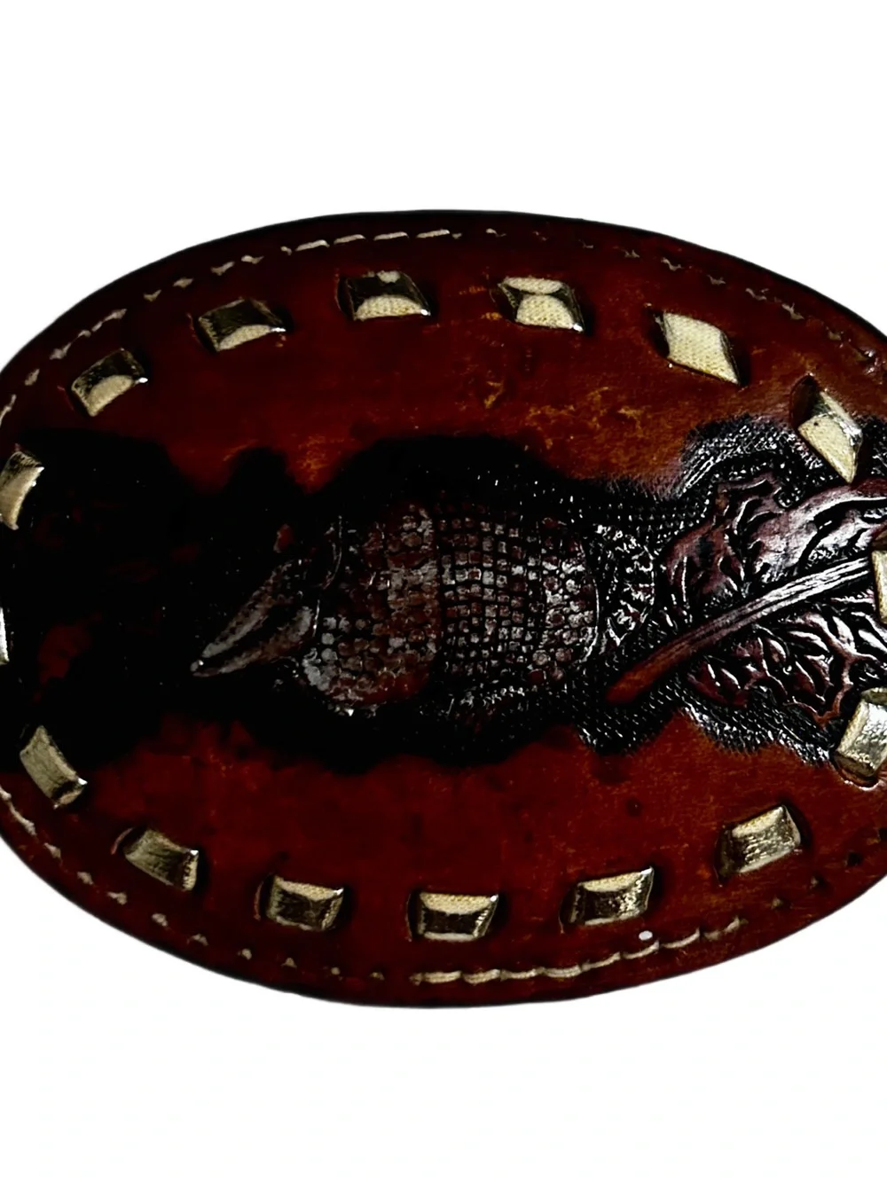 Tony Lama ~ Vintage ~ Brown ~ Armadillo Texas Western Leather Tooled Belt Buckle